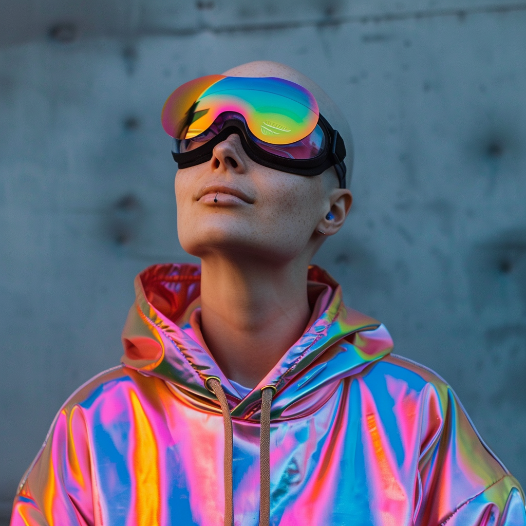 Peia, from planet Thera. A bald woman wearing a holographic hoodie and pilot goggles.