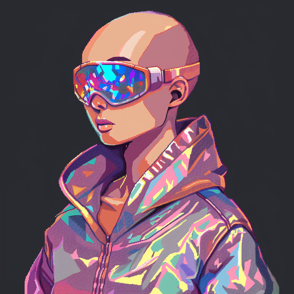 Peia, from planet Thera. A bald woman wearing a holographic hoodie and pilot goggles.