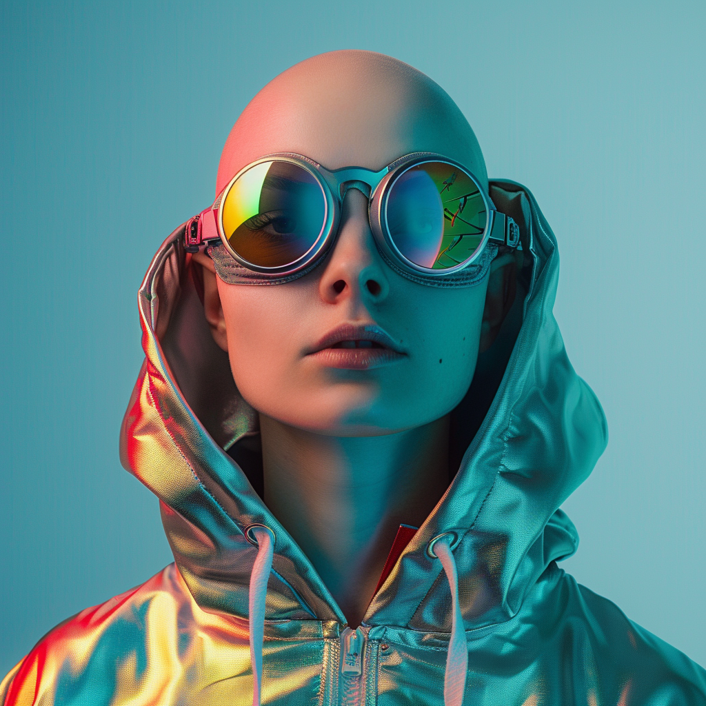 Peia, from planet Thera. A bald woman wearing a holographic hoodie and pilot goggles.