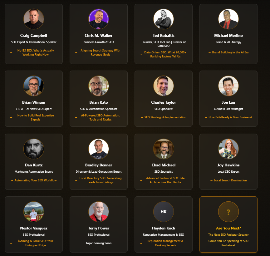 speakers list at SEO Rockstars conference in Dallas in January 2026